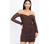 Little Mistress Chocolate Brown Mesh Ruched Bardot Mini Dress Brown 12