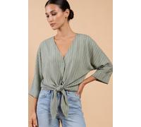 Little Mistress Green Stripe Tie-Knot Top With V-Neck Multi