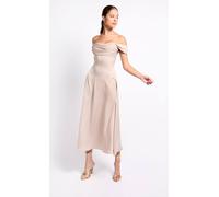 Little Mistress Iska Oyster Draped Bardot Midaxi Dress In Beige Beige 16