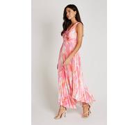 Little Mistress Pink Print Satin Pleated Midaxi Dress Multi 12