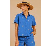 Little Mistress Women's Blue Embroidered Cotton Linen Shirt | Size: 16