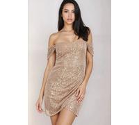 Little Mistress Women's Gold Sequin Draped Bardot Mini Dress | Size: 12