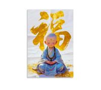 Little Monk Sitting on The Floor with A Painting of Blessing Poster Vintage Art, Wall Canvas, Decoration Aesthetic, Living Room, Kids Room Dormitory, Cafe, Bathroom, Suitable for Bedroom, Gym, Cool Cl