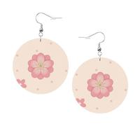 Little Pink Cherry Blossoms Prints Leather Round Earrings Pendant Stylish And Light Lightweight Dangle For Women Girls, One Size, Leather, No Gemstone