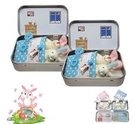 Little Pocket Bunny Decorative Boxes, Easter Basket Stuffer with Mini Plush House & Bedding, DIY Pet Bunny Adoption Play Set, Bunnies in a Tin Box, Easter Gifts (blue * 2)
