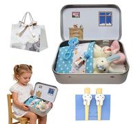 Little Pocket Bunny in a Tin Box, Mini Bunny Hugs Easter Basket Stuffer, Cute Plush Rabbit Doll with Sleeping Bag & DIY Accessories, Portable Travel Toy & Easter Gifts for Kids Girls Boys (Blue)