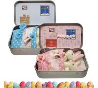 Little Pocket Bunny In A Tin Box, Pocket Bunnies Easter Basket Stuffer, DIY Pet Tin Bunny Adoption, Mini Rabbits in Box,Mini Plush House Easters Baskets Decorative Boxes (Blue+Pink)