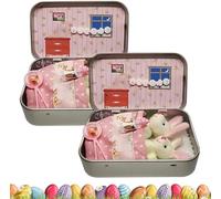 Little Pocket Bunny In A Tin Box, Pocket Bunnies Easter Basket Stuffer, DIY Pet Tin Bunny Adoption, Mini Rabbits in Box,Mini Plush House Easters Baskets Decorative Boxes (Pink-2PCS)