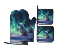 Little Polar Bear Pattern Oven Mitts & Pot Holders 4-Piece Set - Baking Insulation Gloves, Kitchen Practical Tools