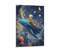 Little Prince on Whale Wall Art, Cartoon Print, Fantasy Poster, Magical Canvas Picture, Charming Decor for Living Room Bedroom Study Artistic Wall Mural Modern Hanging Decor Poster20x30inch(50x75cm)