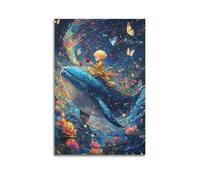 Little Prince on Whale Wall Art, Cartoon Print, Fantasy Poster, Magical Canvas Picture, Charming Decor for Living Room Bedroom Study Artistic Wall Mural Modern Hanging Decor Poster08x12inch(20x30cm)