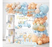 Little Pumpkin Baby Shower Decorations Party Supplies for Boy, Rustic Fall Autumn Baby Shower Decoration, A Little Pumpkin is on The Way Backdrop Balloon Arch Baby Box Mom to Be Sash Tablecloth