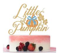 Little Pumpkin Cake Topper, Pumpkin Baby Shower Decorations Boy, Thanksgiving Fall Halloween Baby Shower Birthday Party Decorations, Gold Blue Glitter