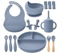 LITTLE RAWR Silicone Baby Feeding Set 14 Pcs,Baby Led Weaning Supplies, Baby Spoons Suction Bowl Divided Plate Bib Cup Finger Brush,First Stage Solid Food Eating Utensils - 6+ Months(Blue Gray)