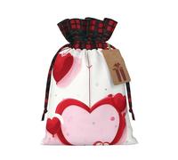 Little Red Heart Christmas Drawstring Gift Bags, M Rustic Linen Tartan Pouches with Tags for Wedding Party Favours
