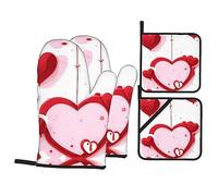 Little Red Heart Print Oven Mitts & Pot Holders Set of 4 â€“ Non-Slip Mitts High Heat Hot Pads for Kitchen Cooking