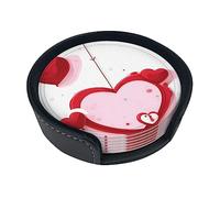 Little Red Heart Round Leather Coasters Set of 6 - Coasters for Drinks with Holder (3.9 Inch) for Home Kitchen