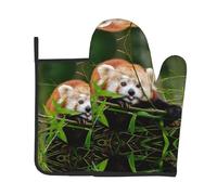 Little Red Panda Printed Insulated Oven Mitts for Grilling, Steaming, and Cooking - 20.5 * 20.5cm with Hanging Storage