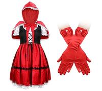 Little Red Riding Hood Costume for Girls, Cute Bow Halloween Party Dress Girls Dress Up Outfits with Cloak Gloves for Halloween Fancy Dress Party Cosplay 13-14 Years (L)