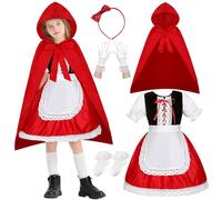 Little Red Riding Hood Dress for Girls,Red Plaid Tulle Fancy Dress Up Outfit with Cape Gloves Socks for Halloween Birthday Christmas Party (Little Red Riding-Dress-150)