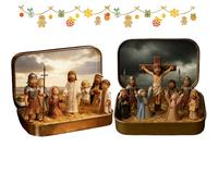 Little Saints in a Tin: Mini Easter Jesus Classic Scenes, Miniature Easter Crucifixion&Resurrection Scene in a Tin Box, Religious Home Office Tabletop Decor, Christian Figurines Gift (2PC)