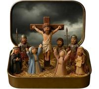 Little Saints in a Tin: Mini Easter Jesus Classic Scenes,Miniature Easter Crucifixion&Resurrection Scene in a Tin Box,Pocket Resin Nativity Sets, Religious Home Office Tabletop Decoration