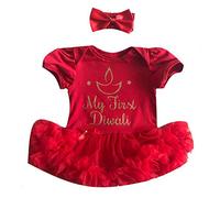 Little Secrets Childrens Clothing My First Diwali Baby Girl's Red Tutu Romper with Headband (6-12 Months)