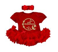Little Secrets Clothing Baby Girls Eid Mubarak Dress, Newborn Baby Eid Red Tutu Romper Bow Headband, Princess Eid Mubarak Outfit