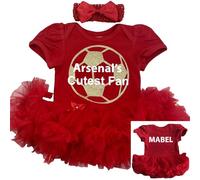 Little Secrets Clothing Baby Girl's Personalised Arsenal's Cutest Fan Red Tutu Romper with Bow Headband, Baby Football Kit Gift (12-18 months)