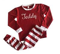 Little Secrets Clothing Girl's Personalised White Glitter Name Red White Striped Christmas Pyjamas, Kids PJs 1-2year