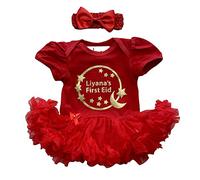 Little Secrets Clothing Personalised Baby Girls First Eid Dress, Newborn 1st Eid Red Tutu Romper Bow Headband, Ramadan Princess Eid Mubarak Outfit