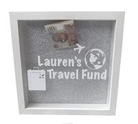 Little Secrets Clothing Personalised Travel Fund Saving Money Box White Frame, 23cm (Silver Glitter Background)