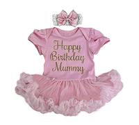 Little Secrets Clothing Pink Happy Birthday Mummy Baby Girl Tutu Romper Dress with Matching Headband (as8, Age, 0_Month, 3_Months)