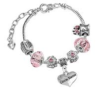 Little Sister Womens Sparkly Pink Adjustable Birthday Charm Bracelet with Gift Box Birthday Gifts for Her Sister Gifts