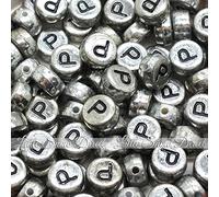Little Snow Direct 100pcs 7mm Acrylic Letter Coin Beads A - Z Disc Alphabet Beads - P, Vintage Silver