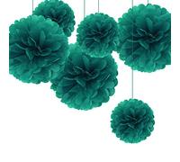 Little Snow Direct 6 Pieces Mixed Tissue Paper Pom Poms Flower Wedding Party Garlands Birthday Gift Wrap Nursery Home Decoration - Teal, 6 Inch and 10 Inch