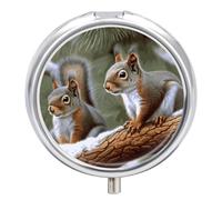 Little Squirrel Round Pill Box Cute Small Fish Oil Cases Portable 3 Compartment Pill Boxes Round Pill Case with Mirror for Vitamins Medication Supplements Gift