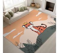 Little tiger Crown Mountain Jungle Printed Rugs Cartoon Illustration Cute Soft Rugs Adventure Dreamy Animal Machine Washable Area Rug Orange for Kids room 90 x 150 cm
