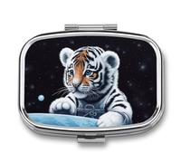 Little Tiger in Space Pill Box,2 Compartments Square Pills Container,Portable for Pocket Or Purse Pill Organizer to Hold Vitamins,Medication,Fish Oil,etc