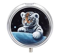 Little Tiger in Space Pill Box 3-Compartment Medicine Pill Case Portable Round Pill Box Pill Container Holder to Hold Vitamins Decorative Metal Medicine Organizer