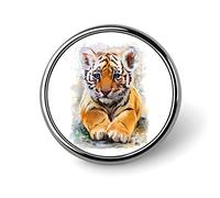 Little Tiger on White Round Brooch Pin, Unisex Smooth Surface Lapel Tie Pin, Lightweight Badge Jewelry Crafts Decor for Costume Accessory Men Women