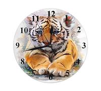 Little Tiger Watercolor Painting Clock Cute Wild Animal Young Zoo Wall Clock Silent Non-Ticking 10 Inch Battery Operated Round Wall Clocks Home Decor for Living Room Kitchen Bedroom Office