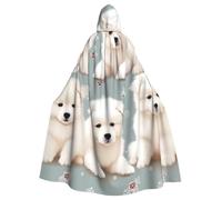 Little White Dogs Pattern Halloween Cloak with Hood, Adult Long Cape | Hooded Cloak Cape, Unisex Cosplay Costume Party Robe, Lightweight, Halloween Witch Vampire Wizard Cape For Cosplay
