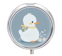 Little White Duck Pill Box - 3 Compartment, Round Metal Pill Case with Mirror, Portable Medicine Holder for Purse/Wallet/Travel