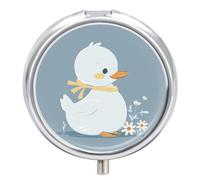 Little White Duck Pill Box 3 Compartment Travel Pill Organizer 3 Times A Day Cute Mini Pill Case for Purse & Pocket Portable Metal Medicine Box with Mirror Round Daily Medicine Vitamin Container