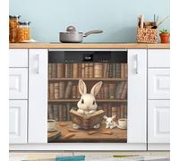 Little White Rabbit Bookstore Dishwasher Magnet Cover for Door Front, Large Metal Decorative Kitchen Dishwasher Panel Decal Refrigerator Magnetic Decor Sticker 58 x 66 CM