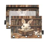 Little White Rabbit Bookstore Pencil Pouches for 3 Ring Binder Clear Window Pencil Case with Clear Window and Zipper 2 Pack