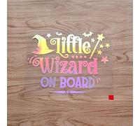 Little Wizard on Board Baby Bat Hat Magic Wand Car Truck Bumper Sticker Decal Vinyl - Holographic Iridescent 17.8cm - No Background Die Cut