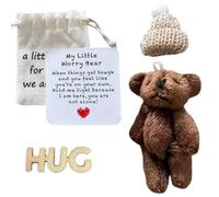 Little Worry Bear Hug in Box with a Hat, Adorable Mini Plush Pocket Bears with Encouraging Card Cute Inspirational Doll Positive Gifts for Kids (Brown)