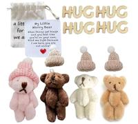 Little Worry Bear Hug in Box with a Hat, Adorable Mini Plush Pocket Bears with Inspirational Encouraging Posi Card Doll Cute